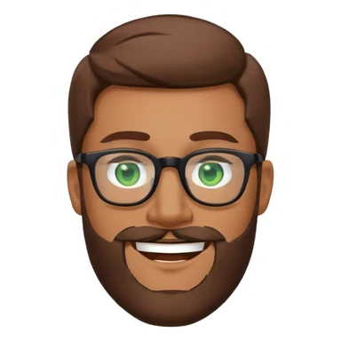 Superman with brown hair, a beard, and glasses on. Eyes are green. Happy face sticker