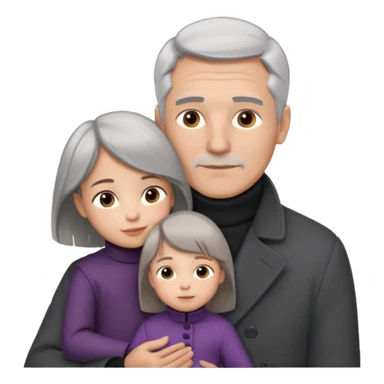 A father with silver-grey hair styled neatly and a clean-shaven face, wearing a dark turtleneck and wool coat, holding his girl child gently. The child has light brown hair and a soft white dress. Warm cinematic lighting, emotional close-up. sticker
