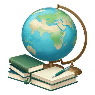 Create an emoji representing language translation. The design should feature just one globe in the background, symbolizing international communication. In front of the globe, place two books or sheets of paper with texs on them and a pen nearby to indicate the act of writing. Use a clean and professional color palette with blues, greens, and neutral tones. Make the background transparent. sticker