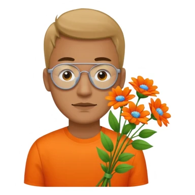 Man with bright orange shirt shirt carrying a bunch of flowers with a patch over his eye sticker