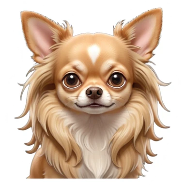 Cinematic Grumpy Long Haired Fawn Chihuahua Portrait Emoji, Head tilted slightly with a deeply unimpressed expression, thick, flowing fawn hair with natural highlights, large, droopy dark eyes narrowed into an unamused glare, ears slightly drooping in exasperation, Simplified yet comically expressive features, highly detailed, glowing with a dry, sarcastic glow, high shine, effortlessly judgmental yet dignified, stylized with a touch of cynicism, bright but brooding, soft glowing outline, capturing the essence of an eternally unimpressed yet endearing companion, so lifelike it feels like it could sigh heavily at you in disdain at any moment! sticker