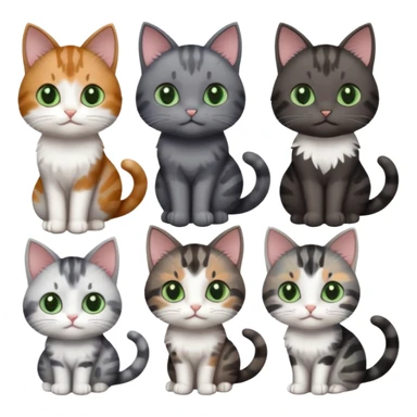 6 different coloured small cats including a dark grey and white, and a patchy calico, and a brown tabby and white,  and a completely solid dark grey with green eyes and only white paws sticker