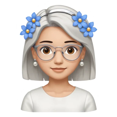  Emoji of a smiling girl with neck-length straight brown hair, fair tan skin, brown eyes, soft black brows, wearing silver glasses, pearl earrings, white hair clips, and blue flowers in her hair. She's in a clean white dress or shirt, with a soft clean girl aesthetic on a white background sticker