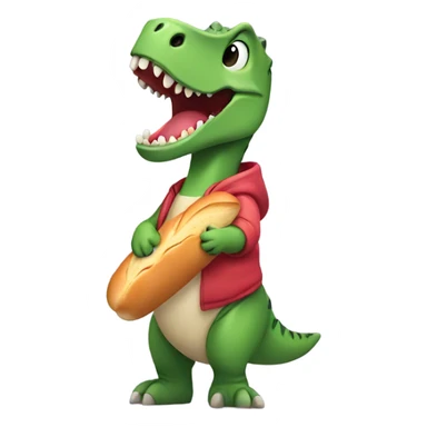 Dino wearing a hoodie eating a baguette sticker