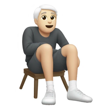 The image show a white legs with hair on them sitting. They are wearing a dirty socks . Their legs are extended, with one foot closer to the camera showing bottom of socks. The person is wearing white socks with no shoes , one of which is on the floor. sticker