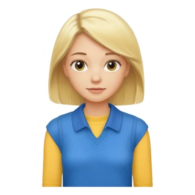 Blond lady shoulder length hair wearing yellow collared sleeveless shirt holding blue sweater sticker