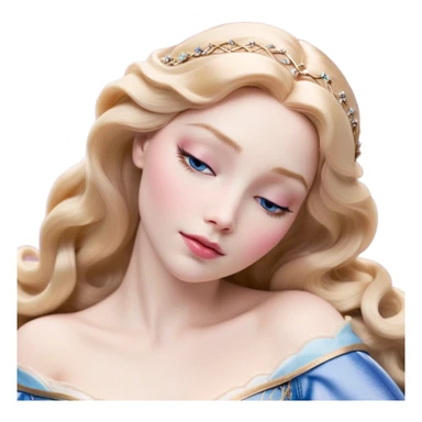 Cinematic Realistic Sleeping Beauty (Aurora) Portrait, with porcelain-like skin featuring a natural rosy flush, illuminated by soft lighting that highlights the gentle contours of her face. Her golden blonde hair flows in soft, detailed waves with subtle highlights that shimmer in the light. Her deep violet-blue eyes radiate warmth and innocence, framed by arched brows and long lashes. With a soft, serene smile, she holds a delicate rose gently in one hand, her other hand resting lightly by her side. She is dressed in her classic pink gown, the fabric rich in texture with delicate folds that catch the light. A golden crown rests atop her head, gleaming with royal refinement. The portrait captures a soft, glowing aura, blending realism with an ethereal sense of beauty and timeless enchantment. sticker