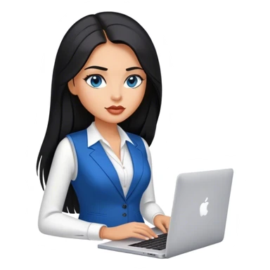 Model glamours tanned beautiful girl with pump nude lips and black straight smooth long hair, straight hair parting, blue eyes with MacBook and V-neck suit vest,  - only one person sticker