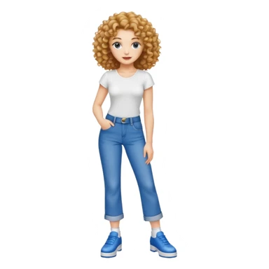 Meuf Cleane tête fine très très très belle cheveux bouclé haut blancs et jean bleu large avec des samba  sticker