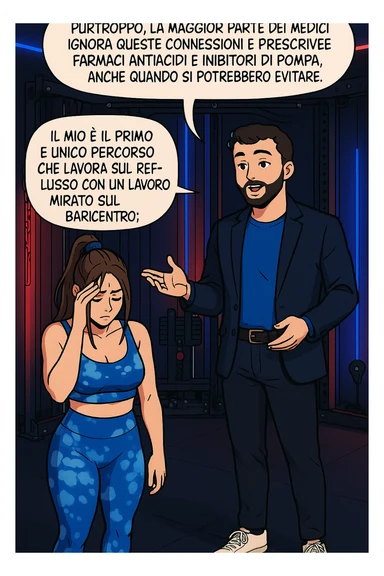 TRASFORMA QUESTO CAROSELLO IN UN FUMETTO STILE WEBTOON/MANGA A COLORI CON QUESTE DUE PERSONE IDENTICHE CHE INTERLOQUISCONO TRA LORO, L'uomo sta spiegando alla donna questo concetto MENTRE LA DONNA SI TIENE la mano sulla fronte sconcertata:

LUI (UOMO): Purtroppo, la maggior parte dei medici ignora queste connessioni e prescrive farmaci antiacidi e inibitori di pompa, anche quando si potrebbero evitare.
Il mio è il primo e unico percorso che lavora sul reflusso con un lavoro mirato sul baricentro; sticker