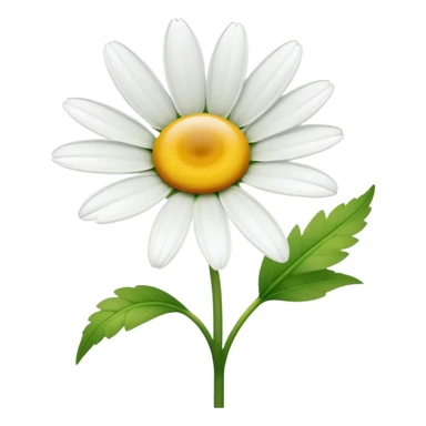 Cinematic Realistic Daisy Emoji, Cheerful and pure, with bright white petals surrounding a sunny yellow center, standing proudly atop a slender green stem. The soft, vibrant petals seem to radiate positivity, while a few green leaves frame the delicate flower. Soft glowing outline, capturing the essence of simplicity, innocence, and happiness in a single daisy. sticker