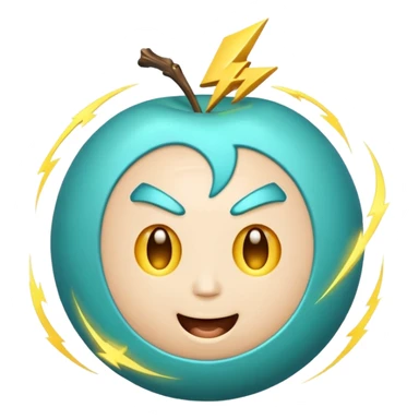Uranus emoji in Apple-style, blue-green planet with rings, a big, excited, and playful face, and a single prominent yellow lightning bolt in front, radiating chaotic and electric energy. sticker