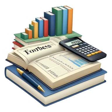 Icon for Business Reading: an open book with graphs, numbers, percentages, formulas, and text on the pages, next to a stack of books, a pile of dollars, a calculator, a pen, and business magazines like Forbes. Transparent background. sticker