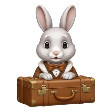 A curious rabbit nudging a tiny suitcase with its nose sticker