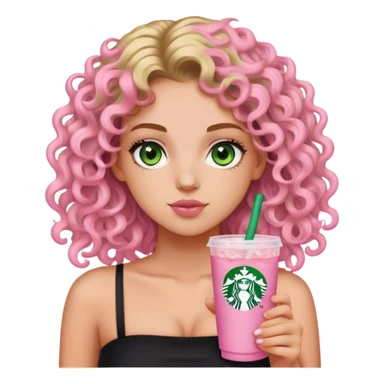 a slightly tan but white girl with curly wavy hair and green eyes wearing a black tube top holding a starbucks pink lemonade facing forward aesthetic  sticker