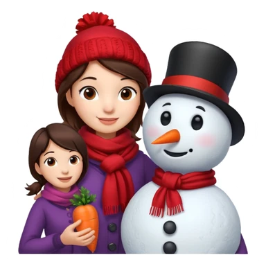 Cartoon girl with brown hair and scarf, building a snowman. Cartoon boy with black hair, placing a carrot nose on the snowman, smiling sticker