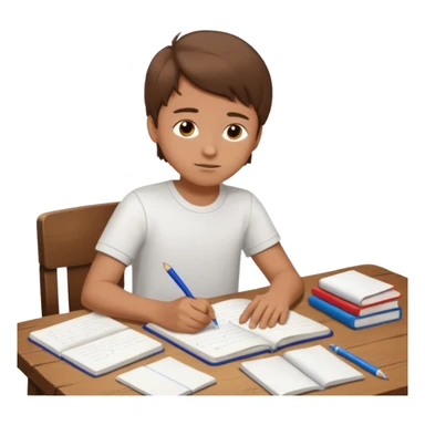 un niño escribiendo en un cuaderno en una mesa con muchas hojas y cuadernos al lado. sticker