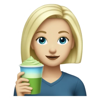 Blonde girl with blue eyes with a hot matcha sticker