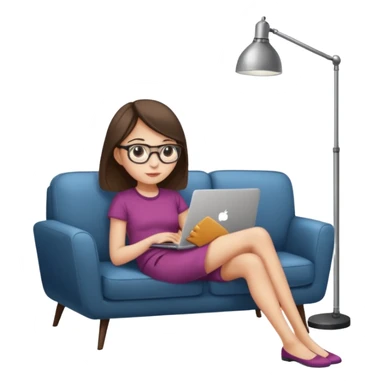 A girl is working with a laptop while lying on a sofa, with a floor lamp to the right. sticker