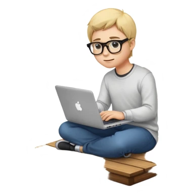 coder with glasses typing on a laptop sitting at the edge of a wooden dock, emoji style sticker