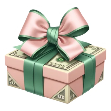 Neat money stack tied with a blush satin bow, muted green bills, soft luxury rich sticker