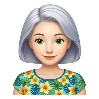 A woman with light complexion, oval face with soft rounded features, full cheeks, gentle almond-shaped eyes with subtle smile lines, longer silver-gray hair parted to the side, wearing a vibrant short-sleeved blouse with tropical print in blue, green, and yellow, exuding warmth and joy. sticker