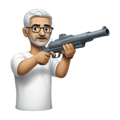 Turkish man with grey hair and protective glasses and white t-shirt aiming a water gun with one hand while standing sideways sticker