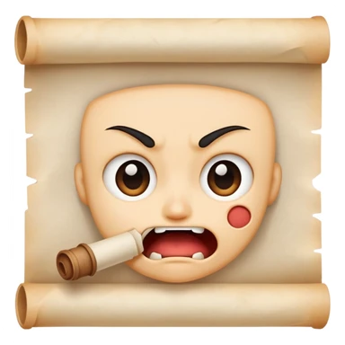 determined cartoon face biting on a small parchment scroll, anime-inspired style sticker