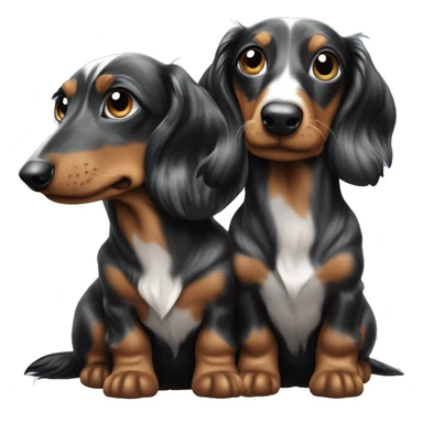 Two identical tri black merle long hair dachshunds together  sticker