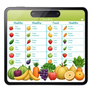 Emoji of checklist with healthy food icons, nutrition planning, flat minimal emoji, pastel colors sticker