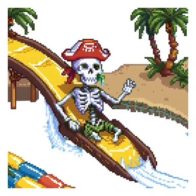 Make the pirate a skeleton pirate, keep the pixel art style, on a water slide, energetic and fun. sticker