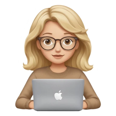 upper body view: blonde girl with dark blonde wavy hair, wearing pantos-style glasses and a brown sweater, sitting with a laptop, flat vector design, soft pastel colors, white background, Apple emoji style, upper body shot sticker