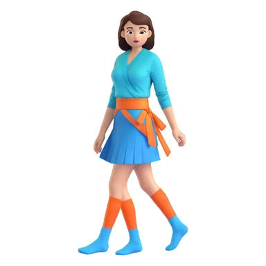 woman wearing teal wrap shirt, blue a-line skirt, light blue knee-high socks sticker