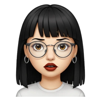 uma mulher snapchat icon, cor da pele normal, cabelo preto liso solto grande com franja vegana, curta, óculos pretos, com piercing na boca e nariz, olhos castanhos, camisa branca, a tela de fundo branca, coloque um piercing, um metal na boca e no nariz, cicatriz na sobrancelha, cor da boca preto,  sticker