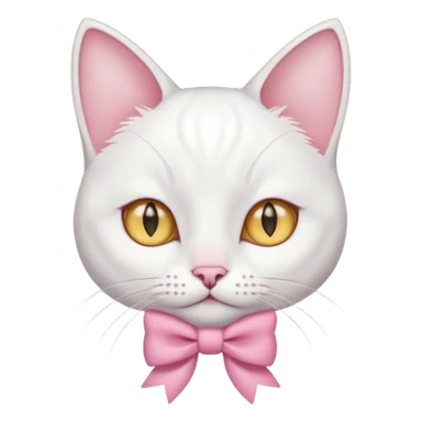 white cat sitting and she has a pink small bow on her right ear,she has golden eyes,she's fully white,even her ears,the only color is the pink small bow on her right ear,the cat is small sticker