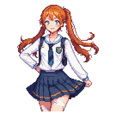 anime girl in school uniform, orange hair in side ponytail, blue eyes, standing in a courtyard with cherry blossom petals, skirt and hair fluttering in breeze, cheerful expression sticker