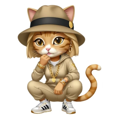 female cat wearing Run DMC hip-hop outfit with tracksuit, fedora, Adidas sneakers, many gold chains, rings, bracelets, flashy earrings, whispering to a friend, no sunglasses sticker