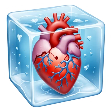 Ultra-realistic photo of a human heart frozen inside a clear ice cube, sharp details, icy texture, frost on the surface, studio lighting, 8k resolution sticker