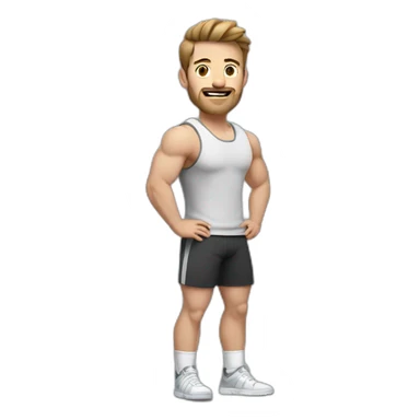 Full height Actively gesturing with hands Pale skinned Fit Man With the biceps and brown hair in dark gray Sleeveless Mike, black oversize sports shorts and white Sneakers sticker