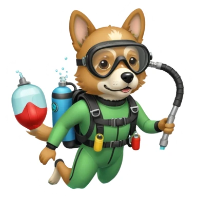 dog wearing scuba green gear dive into the sea with diver mask and oxygen tank sticker