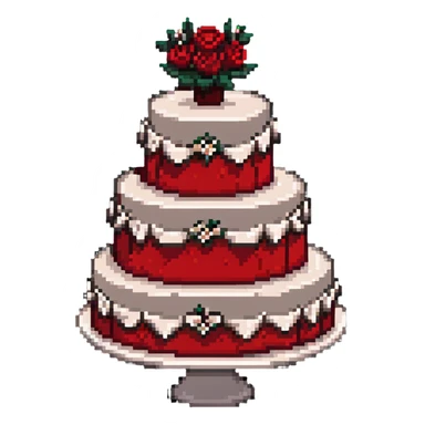 Red wedding cake with white frosting details and small roses sticker