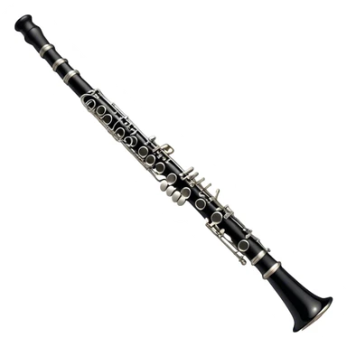 Create an emoji, representing a black standard clarinet. The design should feature a smooth, glossy black body of the clarinet with shiny, silver keys clearly visible. Highlight the intricate details of the mouthpiece and reed at the top, while the body of the instrument should remain simple and elegant. Add subtle musical notes or soundwaves floating around the instrument to symbolize its clear, melodic sound. Use black for the body, silver for the keys, and soft lighting effects to give the instrument a polished, sophisticated look. The background should be transparent. sticker