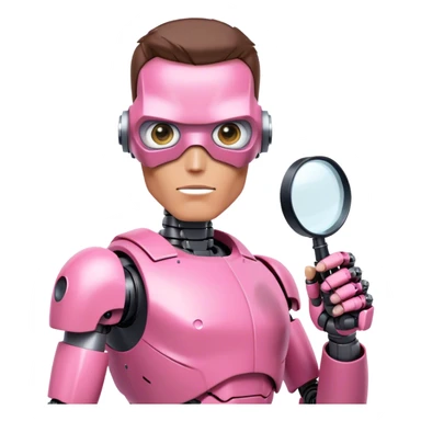 friendly looking schwarzenegger-looking half robotic half human pink terminator holding magnifying glass, upper body sticker