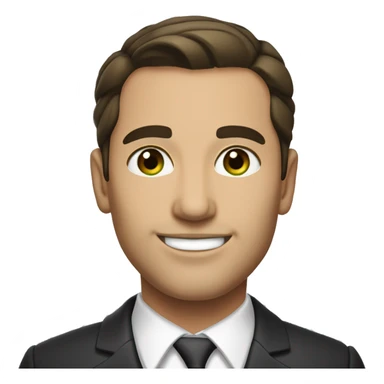 Lawyer with a thin build, dark brown hair slicked back without parting, and gray-green eyes, smiling sticker