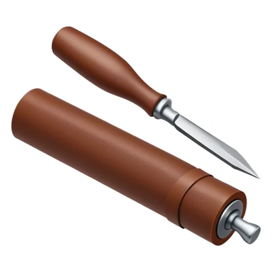 Leatherworking icon, partially unrolled raw leather roll, carving tools like engraver needle or chisel, stamp or press, textured surface, minimalistic style, clean lines, transparent background. sticker