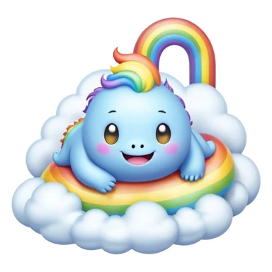 3D, Kawaii derpy fat rainbow monster laying on a magic rainbow cloud, rich textures, visually detailed, so lifelike that it feels like it could leap off the page at any moment sticker