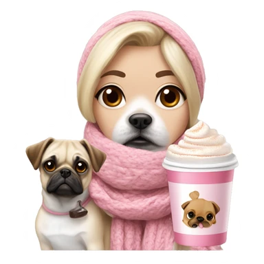 Blonde girl with white scarf pink jumper cup of hot chocolate, marshmallows a flake and cream. With a jack russel mix pug brown dog sticker