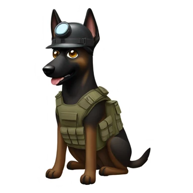 Dark Belgian malinois, tactical vest, tactical helmet, goggles sticker