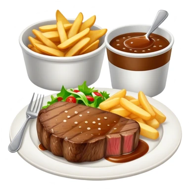 big juicy australian steak meal featuring chips, small salad in a ramikan and gravy  sticker