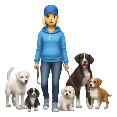 White Dog walker in blue hoodie, jeans, blue baseball cap with eight dogs at heel on her left side sticker